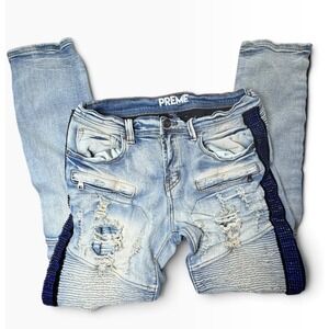 Preme Mens Distressed Moto Biker Jeans Blue Rhinestone Side Stripe Light Wash 32